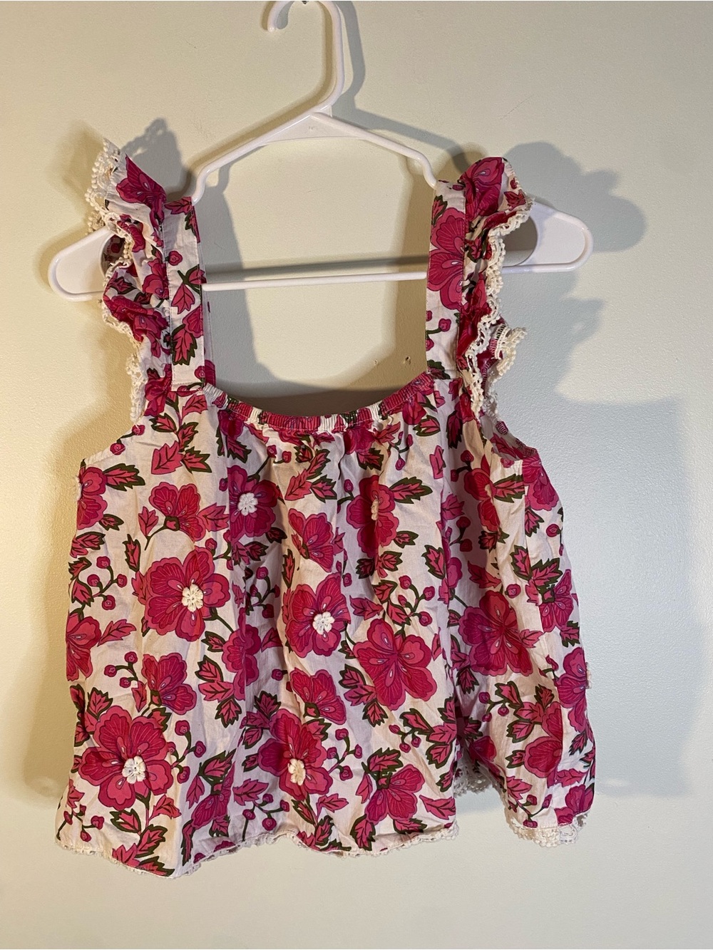 Floral Ruffle Strap Tank Top in Pink and Cream